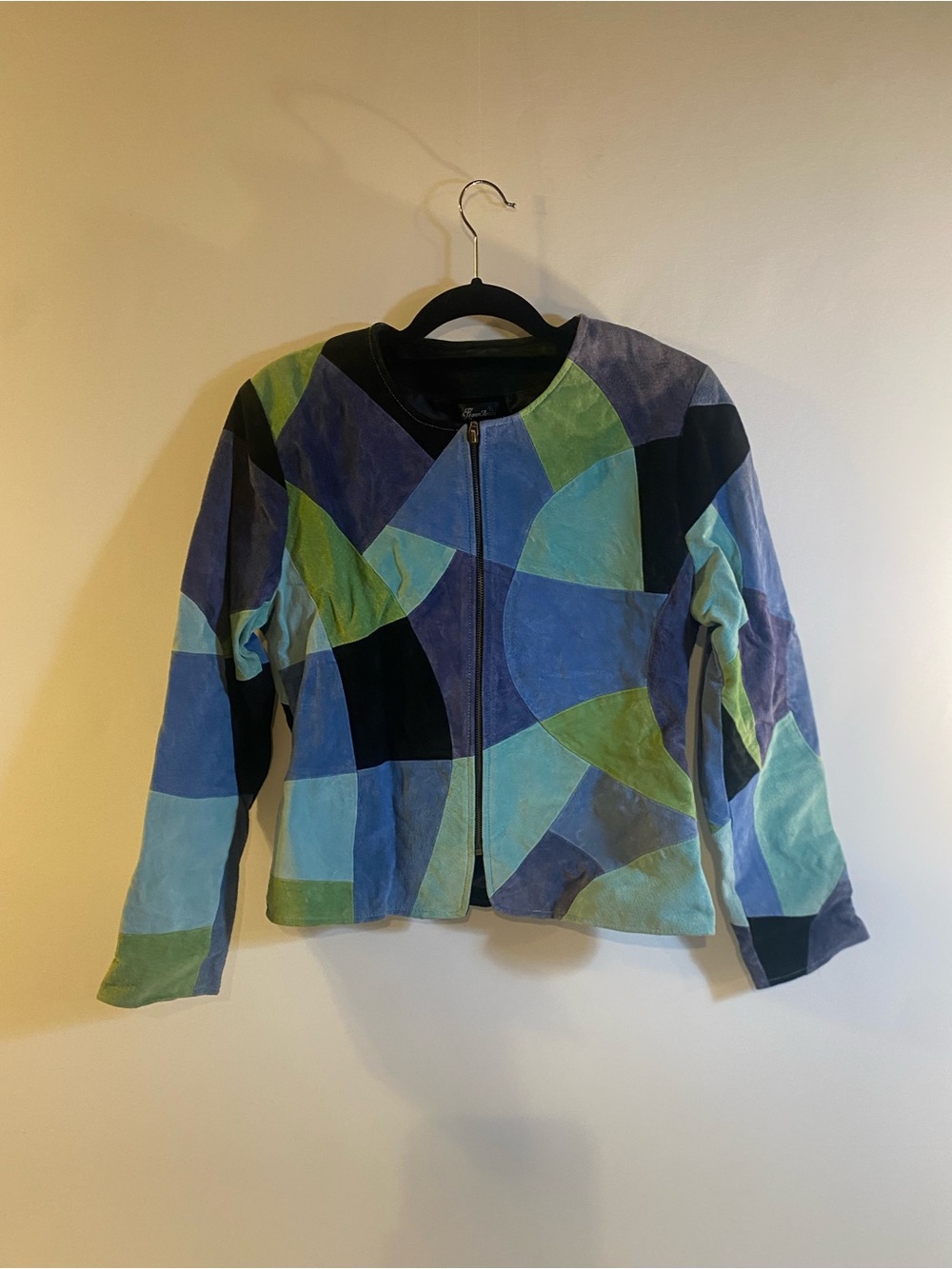 Vintage Karen Arnold Leather Suede Patchwork Front Zip Cropped Jacket Size M